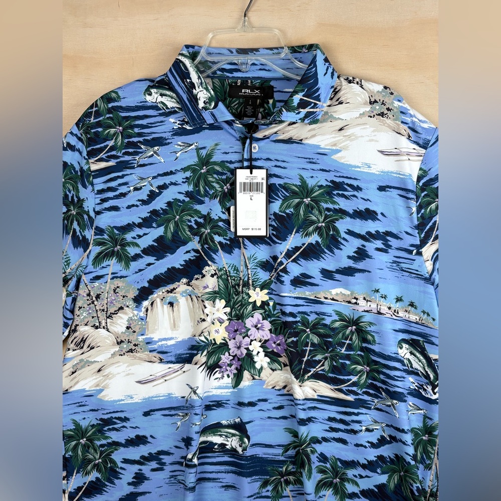 RLX Ralph Lauren Polo Shirt Mens Large Blue Tropical Haven Golf Performance